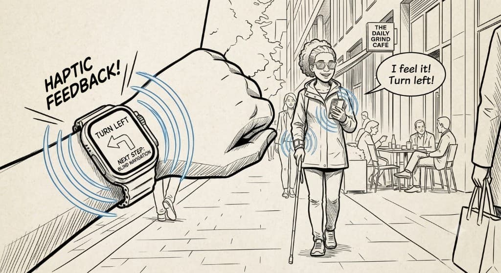 Illustration of a blind person navigating with haptic feedback from a phone and smartwatch