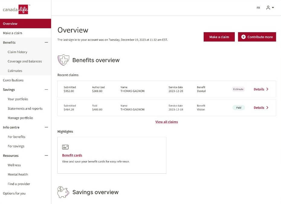 My Canada Life At Work Overview page with left-hand navigation, recent claims, and savings summary