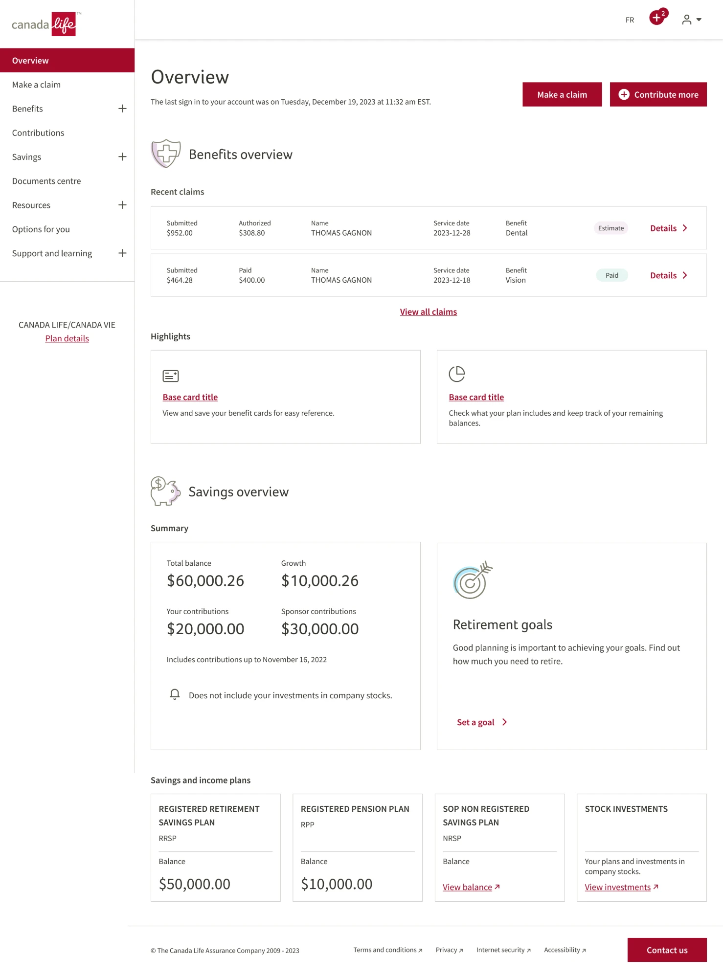 My Canada Life At Work Overview page with the side menu, recent claims, and highlights
