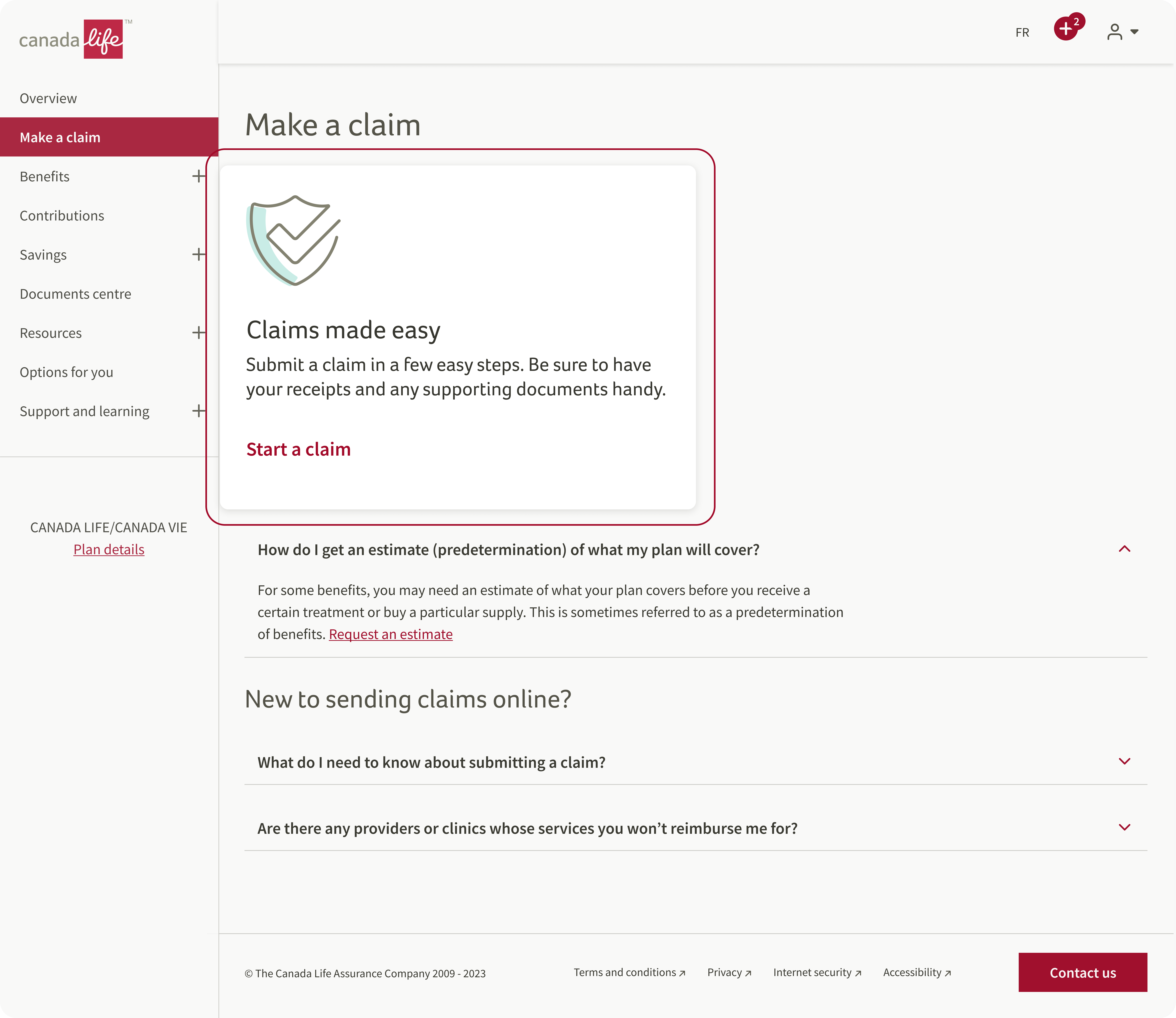Make a Claim page with the menu beside the Claims made easy card