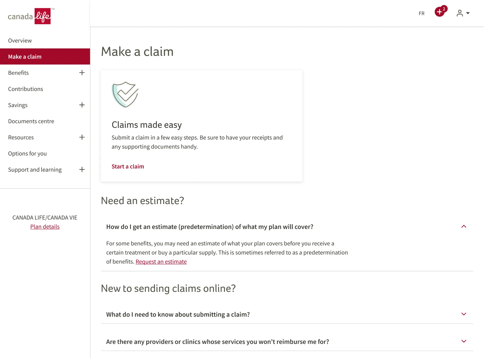 Make a Claim page with the side menu, the Claims made easy card, and estimate FAQs