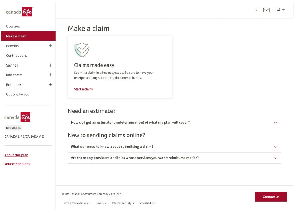 Make a Claim page showing the Claims made easy card, sidebar navigation, and expandable help sections